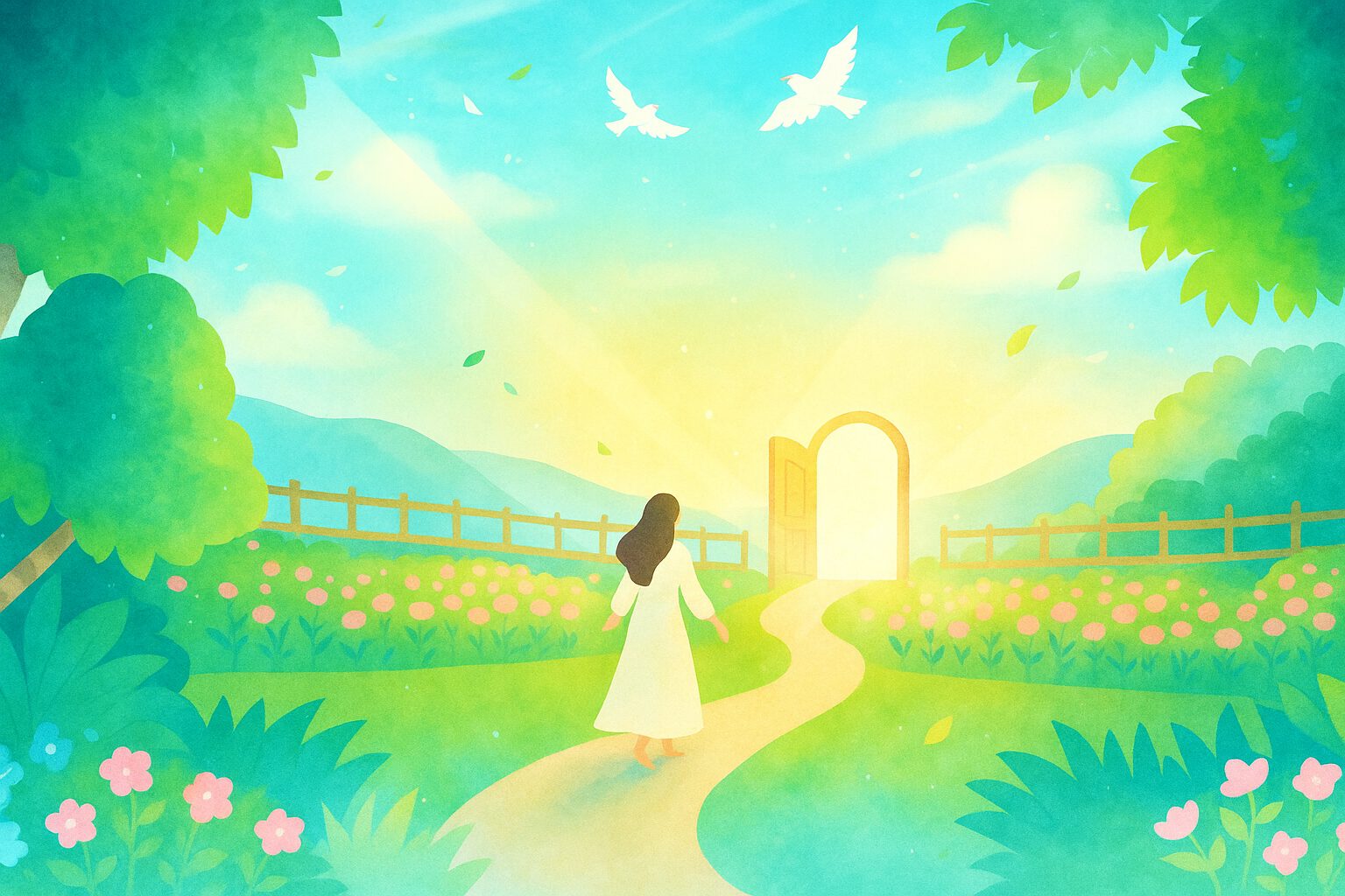 An illustration of a woman walking along a path toward a glowing gate in a bright garden